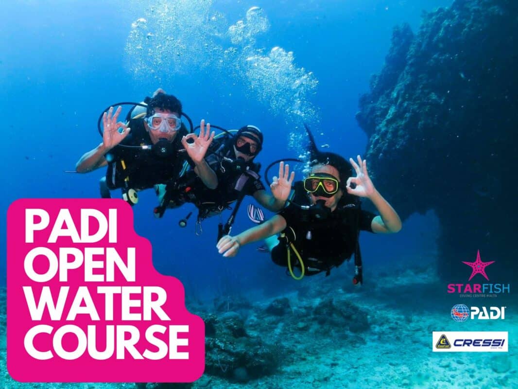 “PADI Open Water course training in St George’s Bay St Julian’s Malta”
